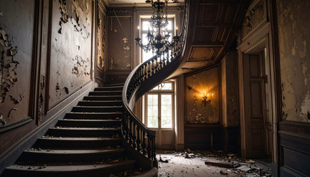 Interior of an old abandoned mansion with a staircase leading to the basementの素材