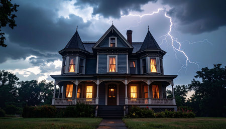 Storm over a beautiful house in the middle of a stormy nightの素材