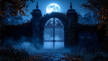 Foggy halloween background with old gate and full moonの素材