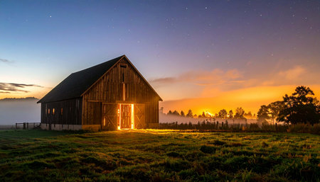 Foggy sunrise over a barn in the swedish countrysideの素材
