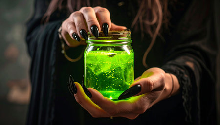 Halloween witch hands holding glass jar with green potion on dark backgroundの素材