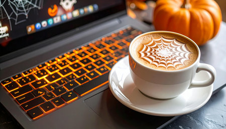 Coffee cup with latte art on laptop keyboard and pumpkinの素材