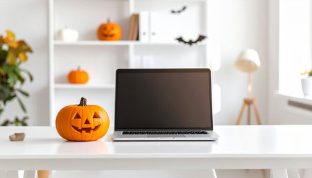 Halloween holiday concept. Laptop with blank screen on white table at homeの素材