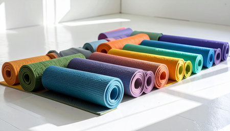 Rolls of colorful yoga mat in a yoga studio. Yoga conceptの素材