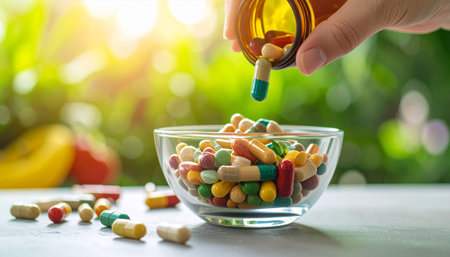 Pills and vitamins are poured from a bottle into a glass bowl.の素材