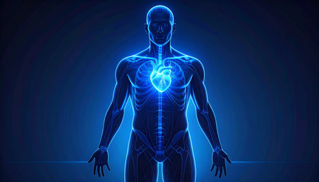 Human Heart anatomy on blue background. 3D illustration. Science and medical concept.の素材