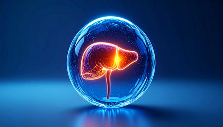 Human kidney in a glass sphere. 3d rendering. Neon bulb illumination.の素材