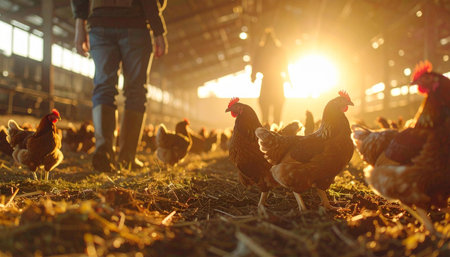 Farmer or agronomist is feeding chickens on the farm.の素材