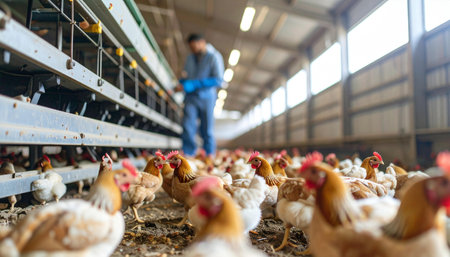 Chicken farm, chicken eggs and roosters in a poultry farmの素材