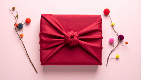 Gift box wrapped in red paper and decorated with flowers on pink backgroundの素材