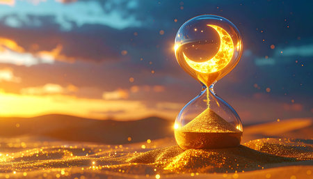 Hourglass in sand on sunset background. Time passing concept. 3D Renderingの素材