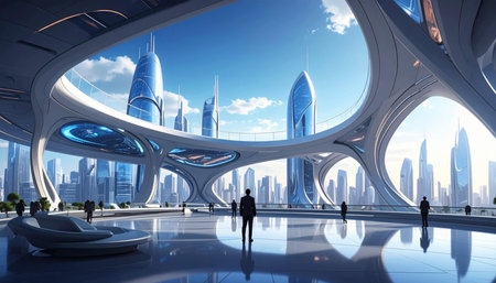 Business people in the modern city. 3D rendering. Cityscape.の素材