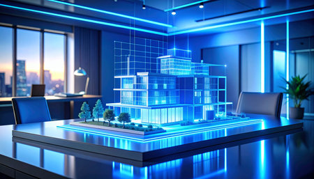 3D render of a modern office interior with a skyscraper modelの素材