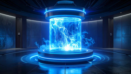 3D rendering Futuristic interior with a glowing blue light bulb on a pedestalの素材