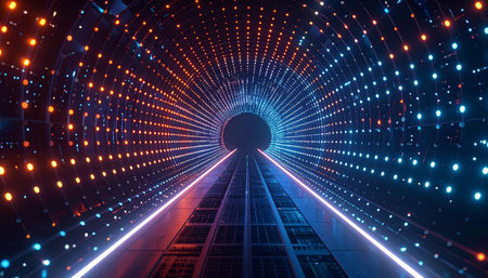 Futuristic tunnel with glowing lights. 3d rendering toned imageの素材