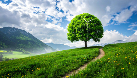Alpine meadow with windmill and dandelions in Switzerlandの素材