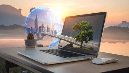 Laptop with world map and tree on table against sunrise over riverの素材