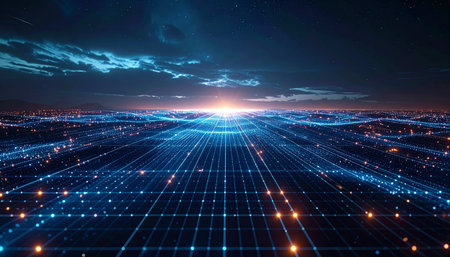 Futuristic technology background with glowing lines and grid. 3d renderingの素材