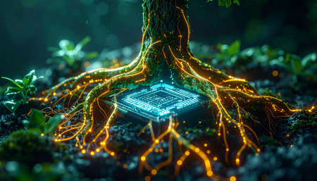 3d rendering of microcircuit in the forest. Computer technology conceptの素材