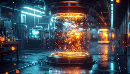 3d rendering. Futuristic glass vase with glowing lights inside.の素材