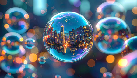 Bubbles and city on colorful bokeh background. 3D renderingの素材