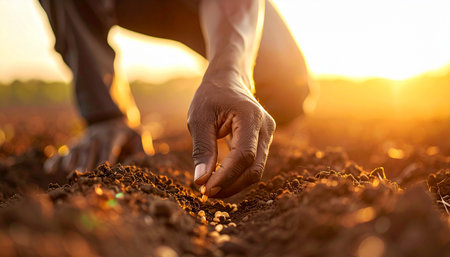 Farmer hand planting soybean seedlings in the field at sunsetの素材