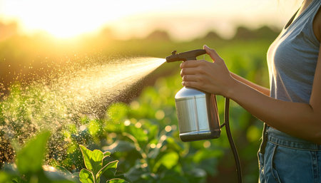 Young woman watering the garden with a watering can. Selective focus. nature.の素材