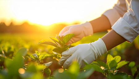 Farmer's hands in white gloves picking tea leaves on plantation at sunsetの素材