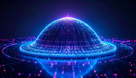 3d rendering of abstract digital sphere on dark background. Technology conceptの素材