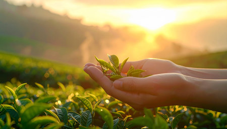 tea leaf in hand at sunrise,tea plantation in thailandの素材