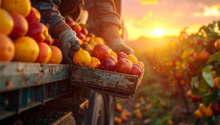 Harvesting of ripe fruits in the orchard at sunset. Selective focus.の素材