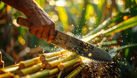 Cutting sugarcane with a knife in the garden at sunsetの素材