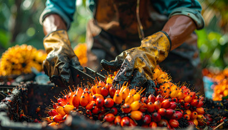 Hand of farmer harvesting sea buckthorn berries in the field.の素材
