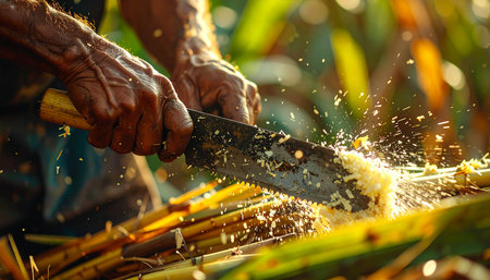 Worker cutting sugarcane with a knife, close-upの素材