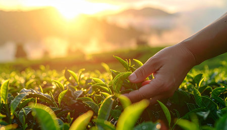 tea leaf in tea plantation at sunset,tea leaf in morningの素材