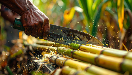 Cutting sugarcane with a knife in the field, close upの素材