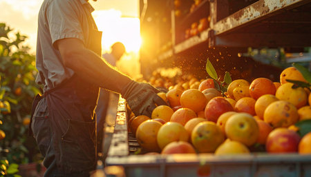 Farmer harvesting oranges in a fruit warehouse. Selective focus.の素材