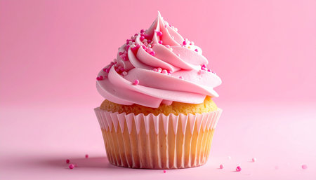 Cupcake with pink buttercream frosting on pink background.の素材
