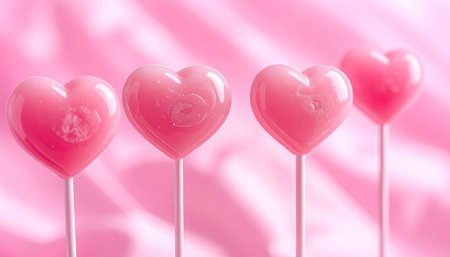Pink lollipops in the shape of a heart on a pink backgroundの素材
