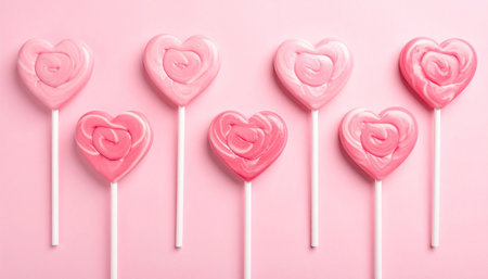 Pink heart shaped lollipops on pink background, top viewの素材