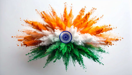 Indian flag made of colored powder explosion on white background. Independence Dayの素材