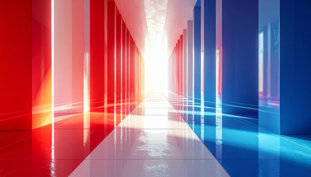 Abstract red and blue corridor with neon lights. 3D Renderingの素材