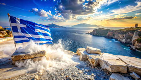 Greece flag blowing in the wind. Colorful summer sunrise on the Greek island.の素材