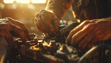 Close-up of a car mechanic repairing a motorbike engine.の素材