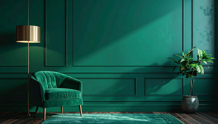 Green interior with armchair and floor lamp. 3d render illustrationの素材