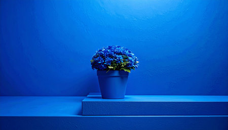 Blue background with blue wall and blue flower pot. Blue wall background.の素材