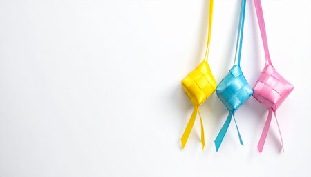 Colorful gift bags with ribbons on white background, copy spaceの素材