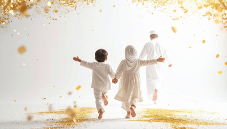 Arabic family walking in the white desert with golden confetti aroundの素材