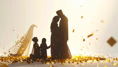 Silhouette of muslim family celebrating Eid Mubarak with golden confettiの素材