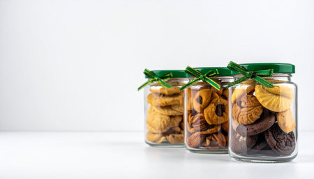 Cookies in a glass jar on a white background. Selective focus.の素材